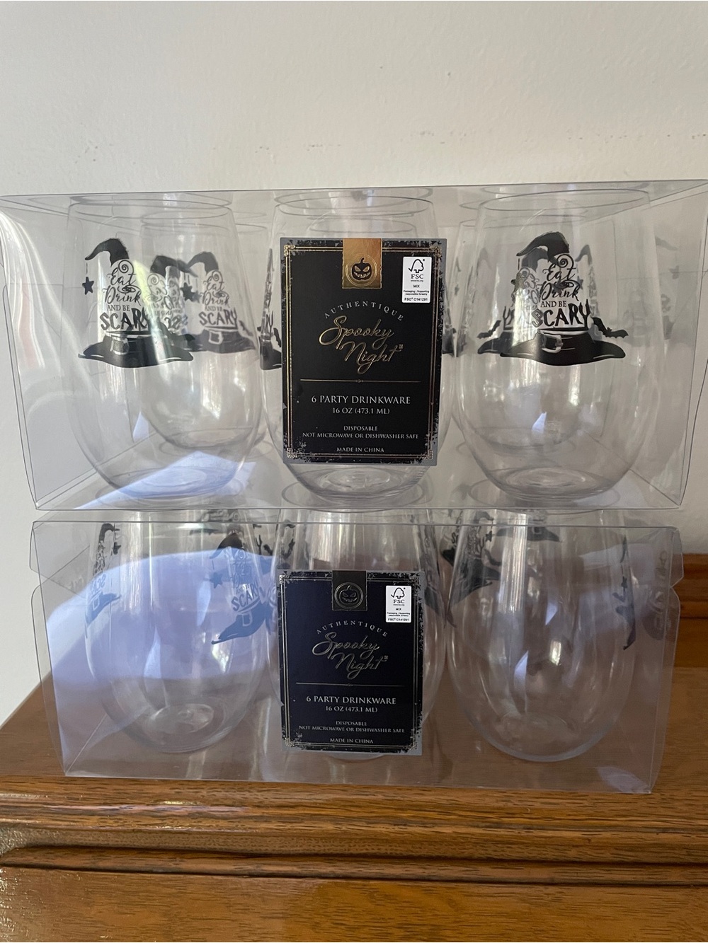Spooky Night Halloween Plastic Stemless Wine Glasses - Clear (Set of 12)